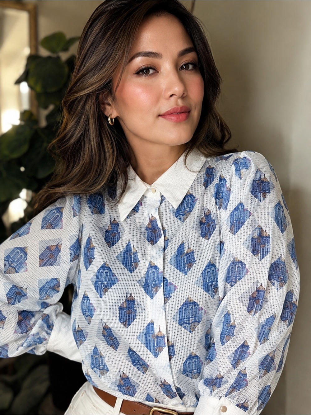 White and Blue Patterned Button-Up Shirt